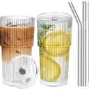 Iced Coffee Cups with Lids and Straws20 OZ Glass Cups with Lids and Straws, Clear Ribbed Glass Tumbler Reusable Drinking Glasses for Matcha, Smoothie, Cocktail,Latte, 2 Pcs