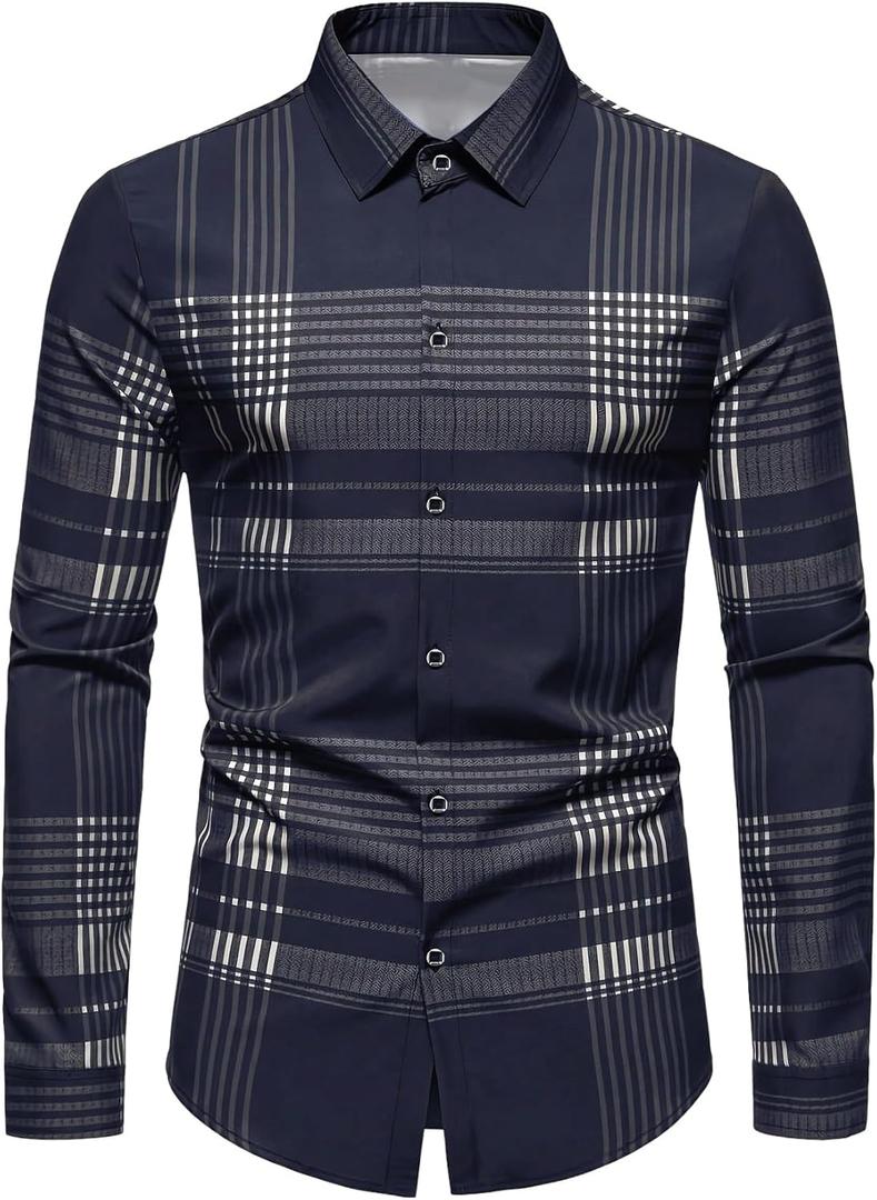 SHENHE Men's Plaid Button Down Long Sleeve Dress Shirt Regular Fit Business Casual Shirt Top (Large)
