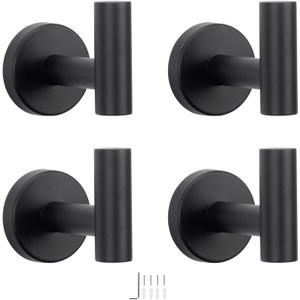 NearMoon Bath Towel Hooks- SUS 304 Stainless Steel Robe Hook Holder, Heavy Duty Coat Hook for Bathroom Livingroom Hotel Kitchen Garage, Wall Mounted (Matte Black, 4 Pack)
