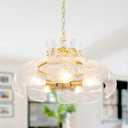 Modern Hammered Glass Chandelier, 18" Luxury Hand-Blown Glass Pendant Brass Gold Hanging Lighting Fixture for Kitchen Island Dining Living Room Entryway, E12 Base (Gold & Clear Hammered Glass)