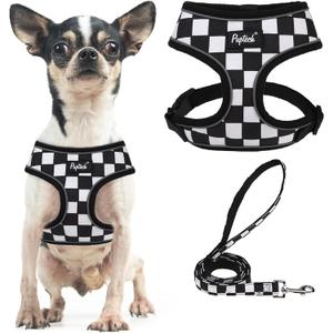 PUPTECK Soft Mesh Dog Harness and Leash Set Pet Puppy Cat Comfort Padded Vest No Pull Harnesses, Checkered Black&White, S