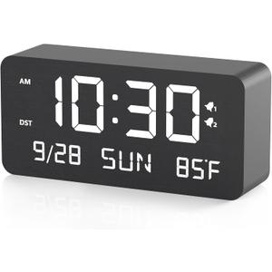 Wooden Digital Alarm Clock for Bedroom - Desk Clock with Date, Day of Week, Temperature, Dual Alarms, Dimmer, USB Port Charge, DST, Adjustable Volume for Living Room/Office Wood Decor (Black)