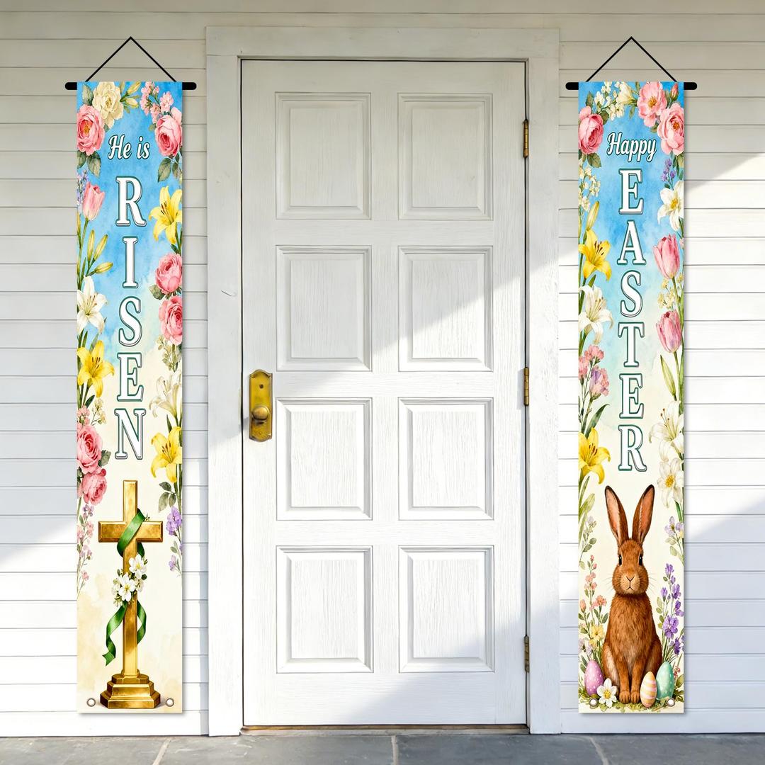Nuxovilar Easter Door Banners He is Risen Cross and Bunny Banner Polyester 12x70.86in Easter Banners for Outside Banner Decor for Home Porch Church