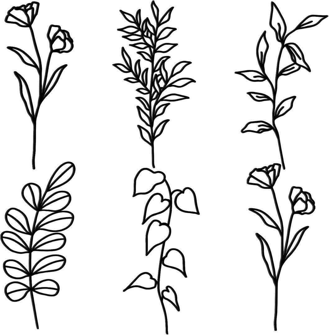 Moxweyeni 6 Pieces Metal Wall Art Minimalist Line Decor Flower Botanical Leaf Metal Art Modern Natural Wall Art Floral Line Decorations for Bedroom Living Room Bathroom Kitchen Outdoor(Black)