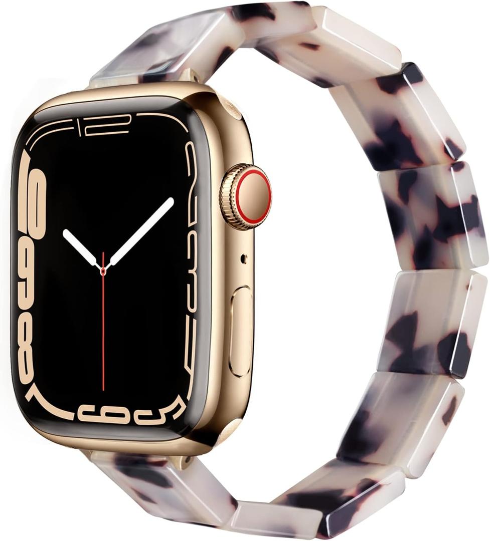 Heesch Resin Fashion Watch Band Compatible with Apple Watch Series Ultra//10/9/8/7/SE/6/5/4, Tortoise Elastic Watch Band Bracelet Jewelry Wristband Women Girl for iWatch, 38/40/41/42mm, 42/44/45/46/49 (38/40/41/42mm(Series 10)-S: 5.5''-6.2'', Ivory Tortoise Slim)