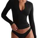 REORIA Double Lined Sexy Quarter Zip Long Sleeve Cute Croped Tops for Teen Girl Clothes Black Small