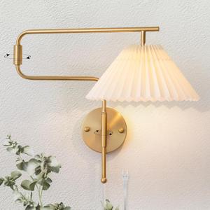 Gold Swing Arm Wall Sconce Set of 2, Plug in Wall Sconces with White Pleated Fabric Shade, Hardwired Wall Light Fixtures with Dimmable Switch for Bedroom Bedside, Living Room, House Reading