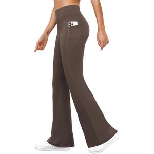 DLOODA Womens Yoga Pants with Pockets High Waisted Flare Leggings Bell Bottom Tummy Control Workout Bootcut Leggings (Large, Brown)