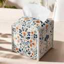 Floral Tissue Box Holder, Scandinavian Leather Tissue Box Cover Square, Paper Napkins Everyday Dispenser for Bathroom Vanity Countertop Night Stands Kitchen Office Car Home Decor