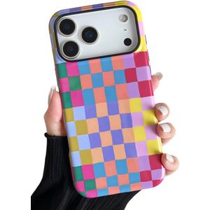 Compatible with iPhone 17 Pro Case6.3" with Cute Colorful Checkered Pattern, Shockproof Slim TPU and Hard PC Protective Phone Case for Women Girl Men - Colorful 3