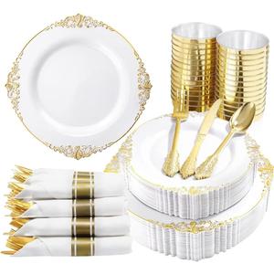 Nervure 350 PCS Gold Plastic Plates - Gold Plastic Dinnerware Sets for 50 Guests - 100 Disposable Plates, 150 Silverware, 50 Cups, 50 Napkins for Wedding & Party