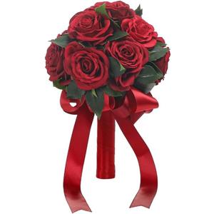 Wedding Bouquet Bride Flower Bridal Bouquets, Ribbon Artificial Rose Wedding Bouquets for Bride Bridesmaid Bouquet Dark Red Rose Bouquet Bride Bridesmaid Holding Flower for Wedding Decor (Burgundy)