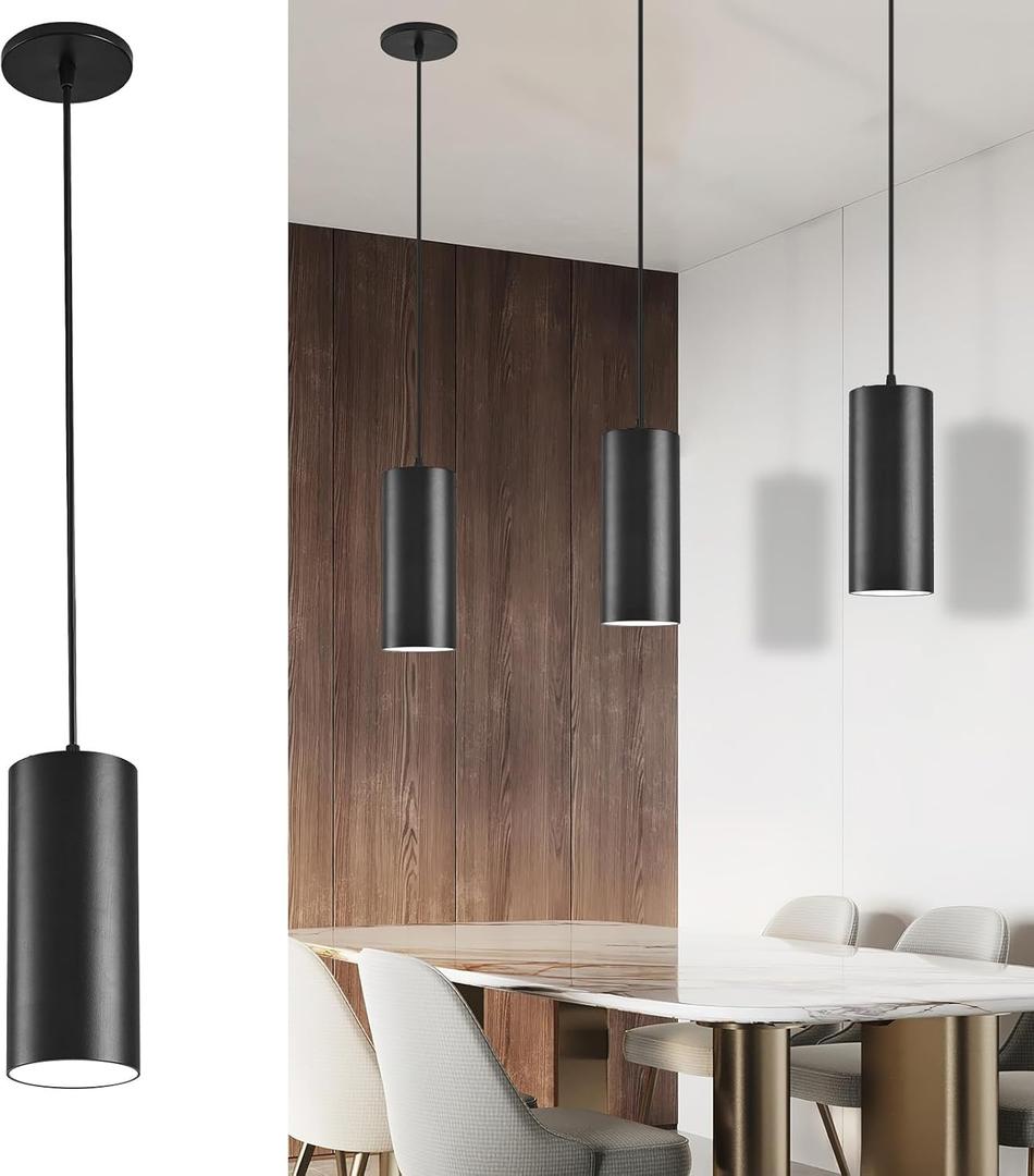 4" Pendant Lights Kitchen Island, 25W Cylinder Hanging Lights with Dipswitch, Modern Eye Care Led Pendant Lamp fixtures for Bedroom, Living Room, Office (Black, 1 Pcs)