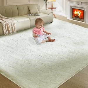 Ultra Soft Rug for Living Room, 8'X10' Fluffy Shag Area Rug for Bedroom, Modern Shaggy Carpets Fuzzy Rug for Teens Dorm Nursery Home Decor Aesthetic, Upgrade Anti-Skid Durable, Cream White