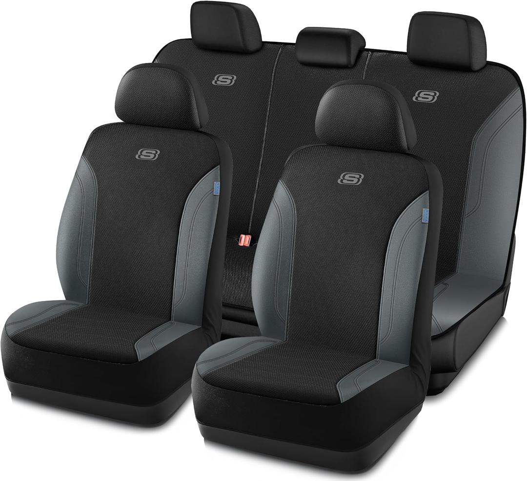 Skechers Car Seat Covers, Work Leather Seat Covers 5-Times Stronger Built-in Webbing, Oxford Fabric Seat Cover Full Sets, Airbag Compatible, Automotive Comfort for Cars, Trucks, SUVs, Grey                     