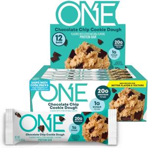 ONE Protein Bars, Chocolate Chip Cookie Dough, Gluten Free with 20g Protein and 1g Sugar, Pantry Staples, 2.12 oz (12 Count)