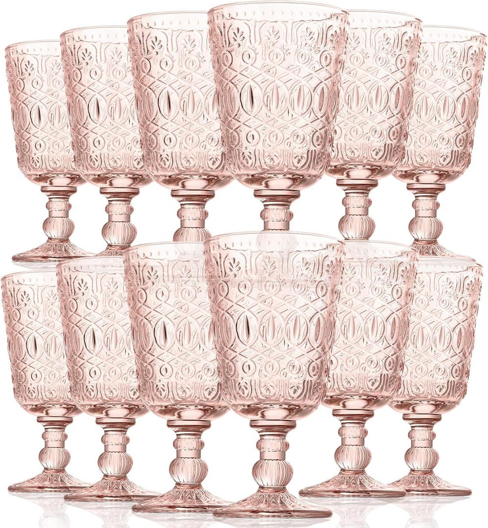 Rtteri 12 Pcs Vintage Glass Goblet Stemmed Wine Glasses Bulks 10 oz Wine Glasses Set High Clear Glassware for Juice Liquor Party Wedding Bars Restaurants Romantic Embossed (Flesh Pink)