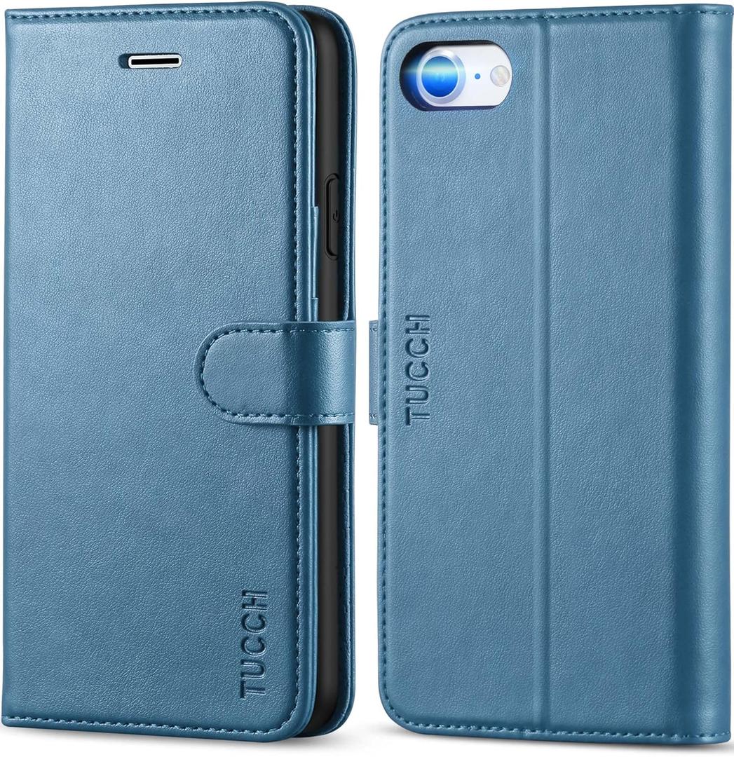 TUCCH Case for iPhone SE 2022/iPhone SE 2020/iPhone 8/iPhone 7, PU Leather Wallet Magnetic Stand Folio with Card Slot Holder, [TPU Shockproof Inner Case] Compatible with iPhone SE3/7/8/SE2, Lake Blue