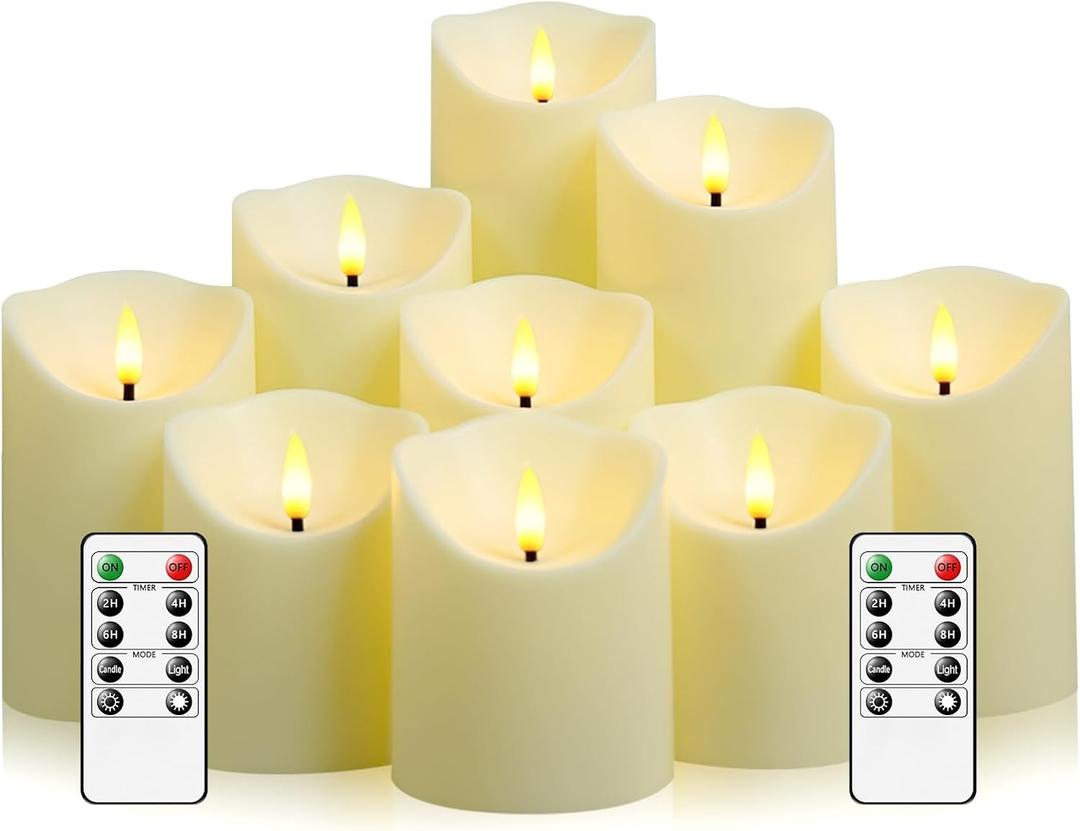 Flameless Candles with Remote Timer, Battery Operated Realistic Flickering LED Candles, 9 Packs Fake Candles for Home Decor (D3 x H 3" 4" 5" 6" 7") (Ivory)