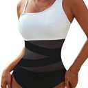 Blooming Jelly Women's Sexy One Piece Bathing Suits One Shoulder Swimsuits Slimming Mesh Swimwear, White and Black, M