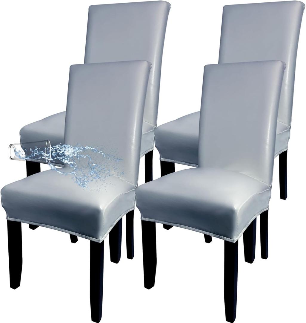 Soft Leather Chair Covers for Dining Chairs set of 4, Stretch Waterproof Dining Chair Covers Protector Oilproof and Scratch-Proof Parson Chairs Cover Modern Style for Kitchen Room(Grey, 4Pcs) (Light Gray)