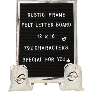 Felt Letter Board with Rustic Vintage Frame and Stand 12x16 inch,Black Changeable Letter and Message Board Includes 792 Letters, Numbers and Symbols, Hook to Hang, 2 Canvas Bags