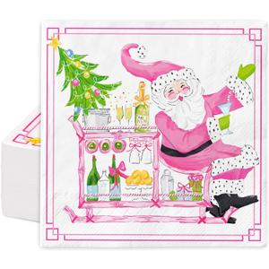 Whaline 100Pcs Christmas Cocktail Paper Napkins Disposable Napkin Pink Santa Claus Xmas Tree Beverage Napkin for Dinner Wedding Gathering, 5 x 5 Inch