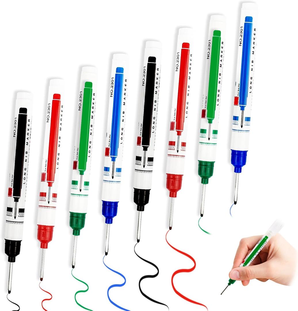 8PCS Long Head Deep Hole Marker, 20mm Deep Long Nose Waterproof Hole Marker Pens, Quick Dry Colorful Carpenter Marker, Multi-purpose Deep Hole Marker Pens for Carpenters Builders Construction