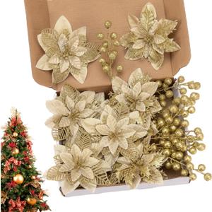 24 Pcs Gold Boxed Christmas Poinsettia Flowers Set, 16 Pcs Artificial Poinsettias with Clips, 8 pcs Glitter Christmas Tree Ornaments Berry Stems for Wedding Home Holiday Xmas New Year Decorations
