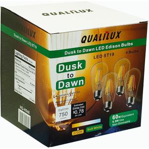 Dusk to Dawn Edison Light Bulbs ST58(ST19), Soft White 2700K, 6.5W=60W, Non-Dimmable Auto On/Off, Light Sensing LED Filament Bulb Outdoor for Porch Patio Garage Garden,750LM, E26, 4-Pack