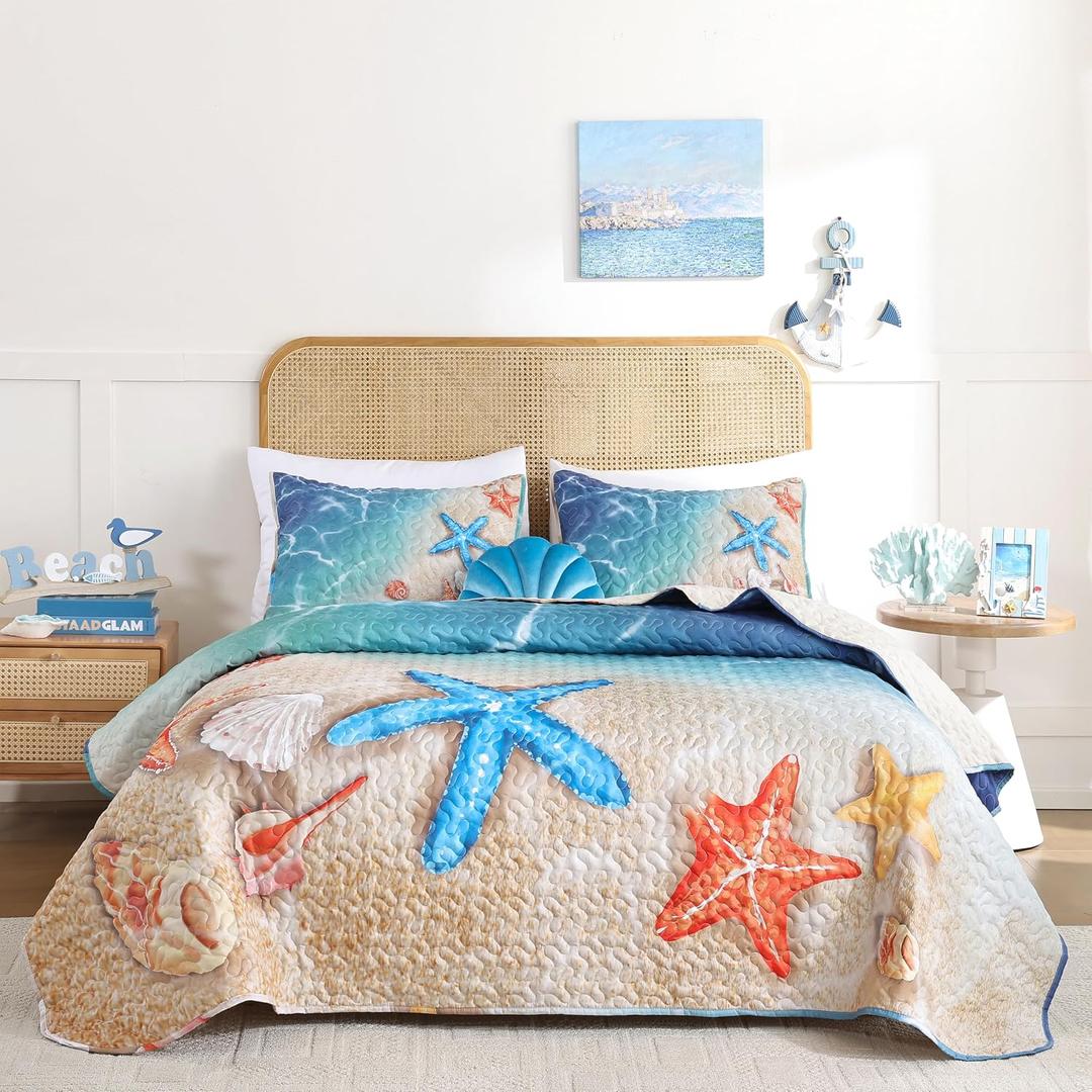 weigelia Coastal Quilt Queen Size, Beach Lightweight Summer Bedding, Beach