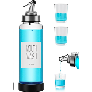 VITVITI Mouthwash Dispenser for Bathroom, Glass Mouth Wash Container with Glass Cup, Press Lid 17OZ Clear Refillable Mouthwash Bottle Decanter with Silicone Pad/Labels