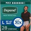 Depend Fresh Protection Adult Diapers, Incontinence Underwear for Men, Disposable, Maximum, Large, Grey, 28 Count