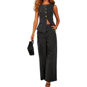 loveimgs Women 2 Piece Denim Set Button Sleeveless Jean Vest Denim Top Y2k Shirt Wide Leg Jeans Palazzo Pants Outfits (Large, Black)