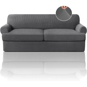 PrinceDeco T Cushion Sofa Slipcover 3 Pieces Sofa Covers for T Cushion Couch Soft Couch Covers Sofa Slip Cover Furniture Covers with 2 Individual T Shape Seat Covers Width Up to 88", Grey