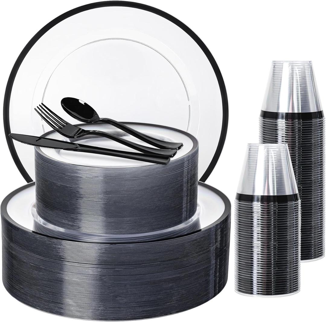 N9R 600PCS Clear and Black Disposable Plates Set, Heavy Duty Plastic Dinnerware Set for 100 Guests Includes 100 Dinner & Dessert Plates, Cups, Spoons, Forks, and Knives, Perfect for Parties, Weddings
