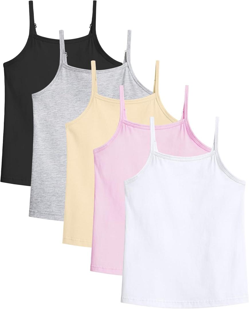 Auranso Girls Undershirts 5 Pack Toddler Camisole Cotton Adjustable Straps Sleeveless Cami Dance Tank Tops for Girls (9-10 Years, Black-grey-nude-pink-white)