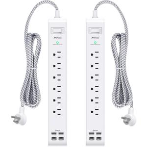 2 Pack Power Strip Surge Protector, 6 Outlets 4 USB Ports (2 USB C) 5Ft Long Extension Cords, Flat Plug Overload Protection Outlet Strip, Wall Mount for Home, Office and Dorm Essential, ETL Listed