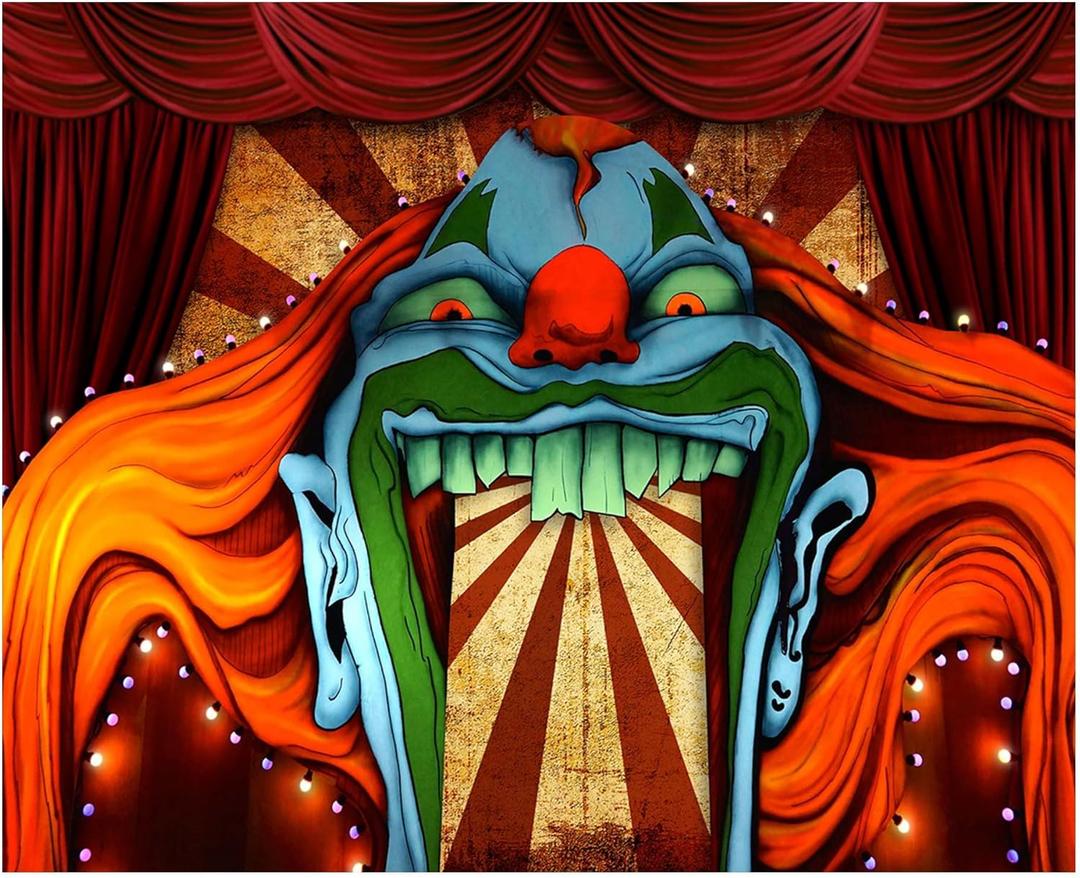 Funnytree 10x8ft Horror Circus Theme Halloween Backdrop for Photography Giant Evil Clown Hallomas Birthday Party Background Scary Grove Vampire Baby Cake Table Decor Banner Photobooth Studio Props