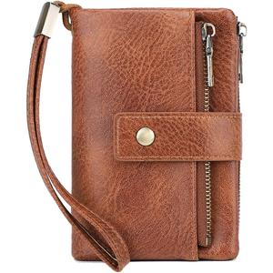 Womens Wallet Small Leather RFID Blocking Tri-Fold Large Capacity Compact Card Holder With Zipper Coin Pocket 2 ID Window (Brown)
