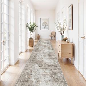 3x15 Ft Long Hallway Runner Rug - Non-Slip Washable Kitchen Runner Rug with Rubber Backing | Modern Abstract Wide Floor Carpet Runner for Indoor Entryway, Bedroom, Living Room (Beige, Grey)