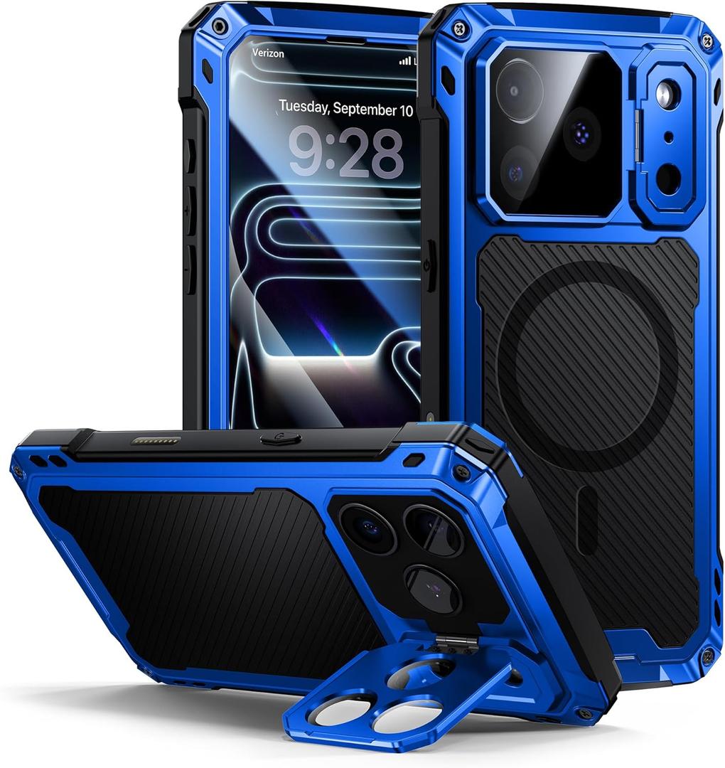 Lanhiem for iPhone 17 Pro Metal Case with Kickstand, Compatible with MagSafe, Built in Tempered Glass Screen Protector, Heavy Duty Shockproof Rugged Phone Cases, Full Body Tough Cover 6.3"(Blue)