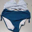 Blooming Jelly Womens High Waisted Bikini Sets Drawstring Tummy Control Swimsuits Crisscross Tie Back Bathing Suit (X-Large, Striped Blue Green)