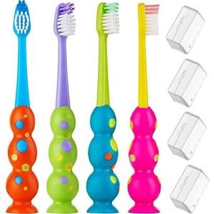 Kids Toothbrush 3 Pack - Soft Bristles with Suction Cup - Toothbrush Kids, Child Sized Brush Heads, 3-10 Year Old Kid Toothbrush with Easy Storage - Toddler, Girl and Boy Set (3-Pack, Multi-Color)