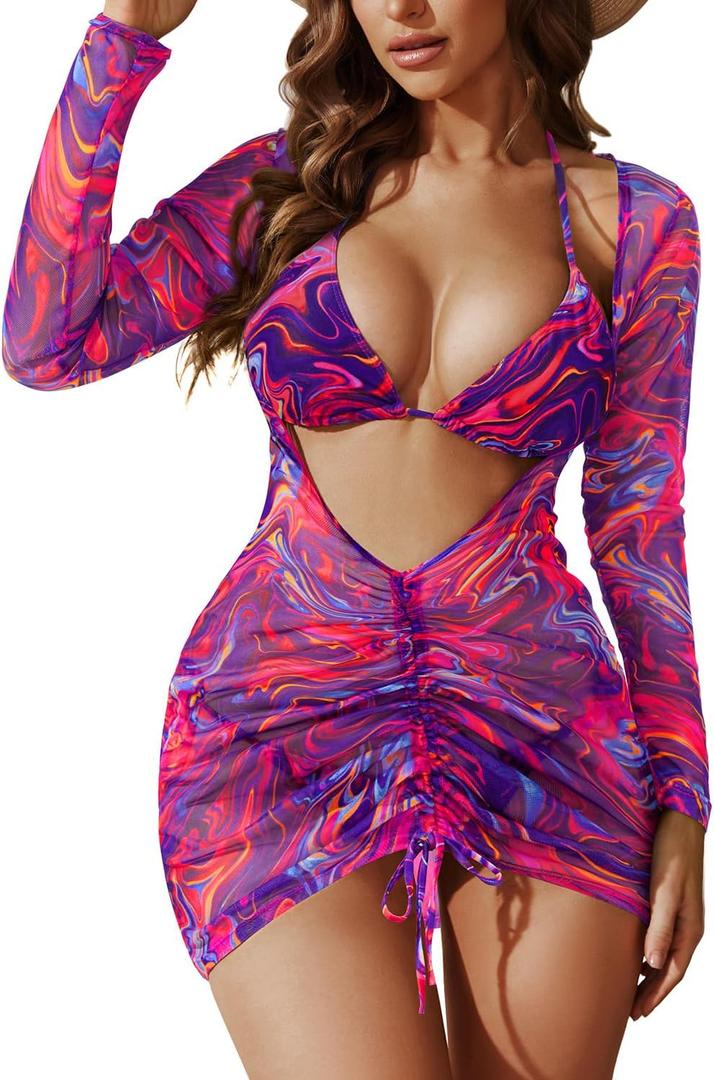 3 Piece Swimsuits Women Bikini Sets Triangle Halter Bathing Suit with Sexy Mesh Beach Cover Up (Large, Purple Colorful)