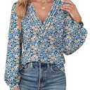 Agnes Urban Womens Tops Dressy Casual V Neck Long Sleeve Shirts Puff Sleeve Loose Tunic Boho Tops Blouses Blue Yellow Floral-XXL