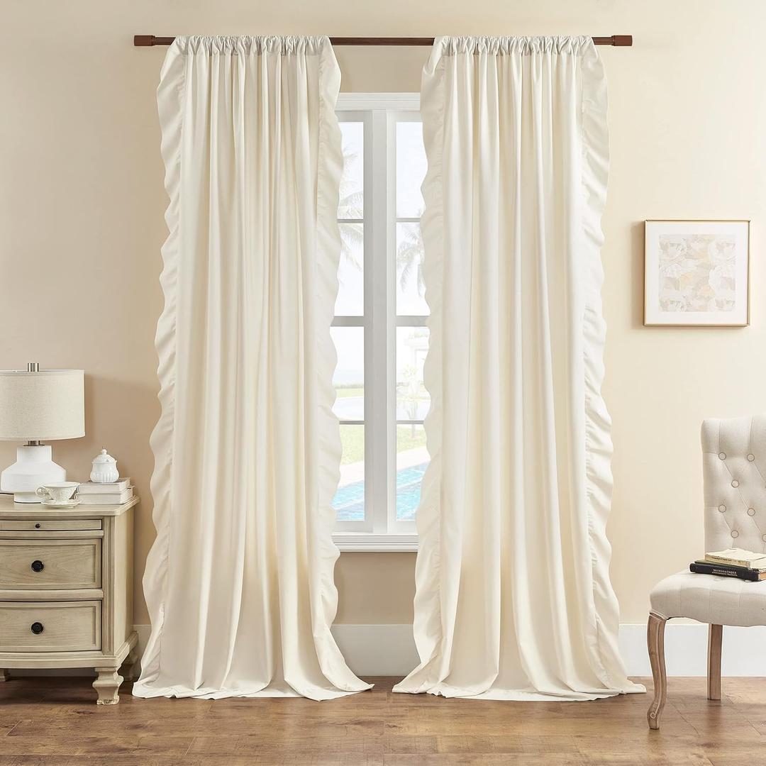 FOLKSIDE Cream Curtains 96 Inches Long for Living Dining Room Girls Bedroom 2 Panels Set Ivory Priscilla Ruffle Drapes Rod Pocket Large Window Curtains Decor for Room Divider Office, 52''x 96''
