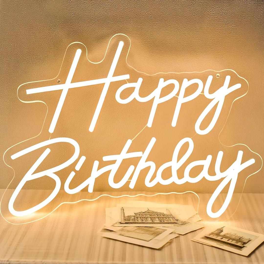 Happy Birthday Neon Sign for Backdrop, LED Happy Birthday Light Up Sign, USB Powered Dimmable Neon Light for Birthday Party Decorations Wall Decor, Warm White