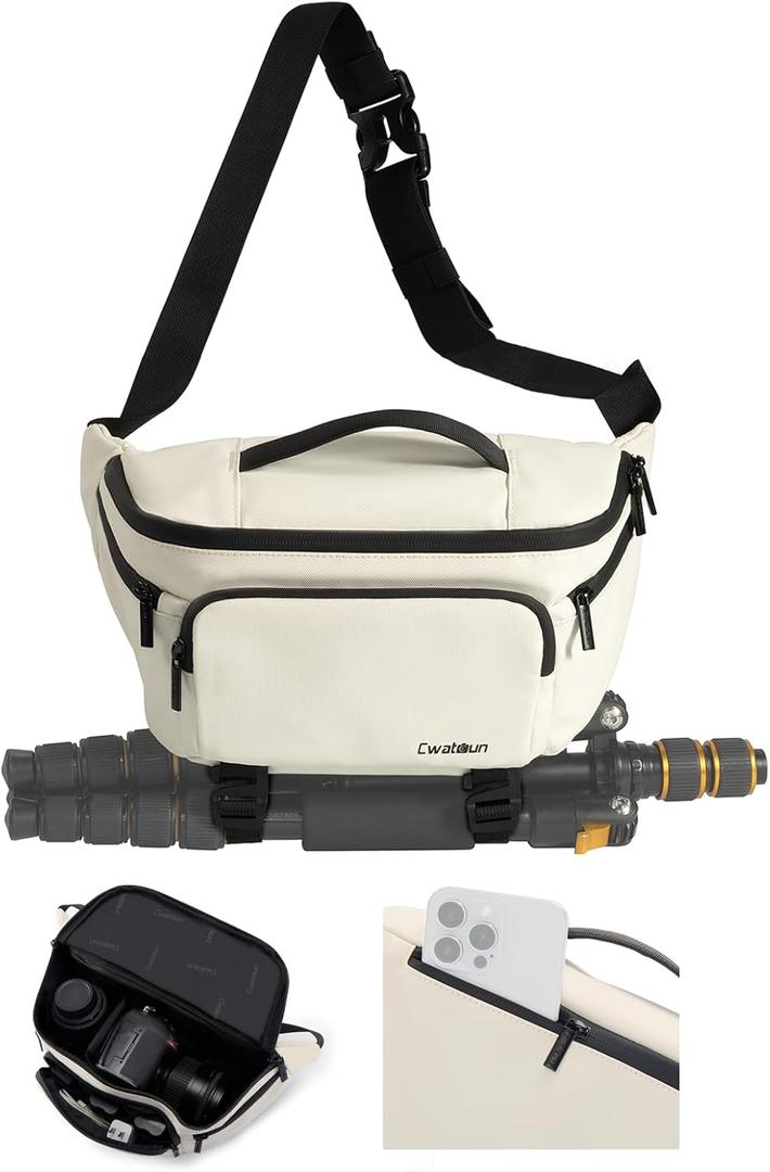Waterproof Camera Waist Bag - Portable Fanny Pack, Compact Camera Case with Tripod Holder, Daily Crossbody Bag for Canon Nikon Sony DSLR/SLR/Mirrorless Camera, Can accommodate 1 Camera 2 Lens, White (Large)