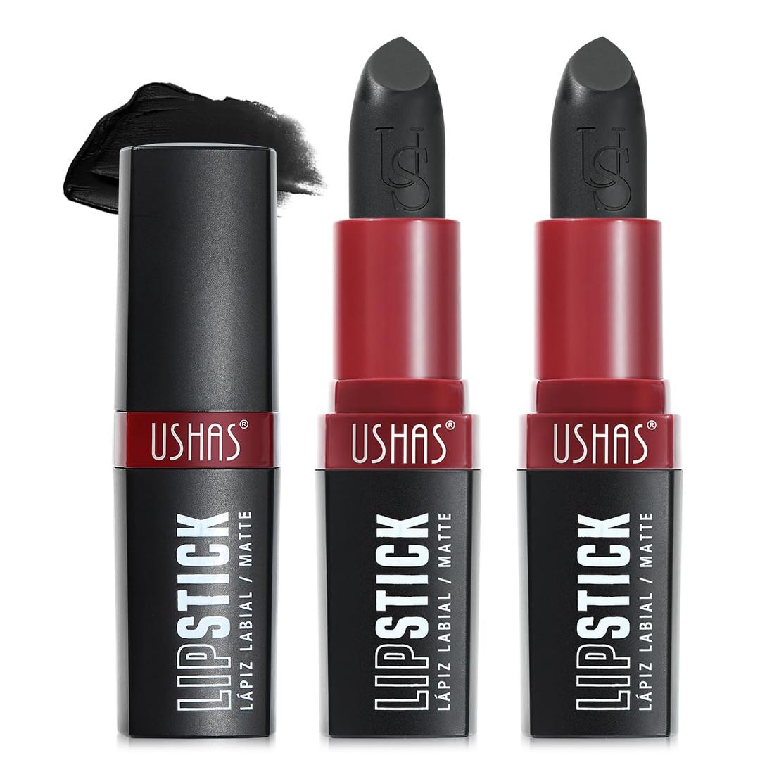USHAS Black Lipstick, Long Lasting Matte Lipstick, Smudge Proof, Transfer Resistant Lip Color, Waterproof, Lipstick for Halloween Makeup (Black, 2Pcs) (1 Count (Pack of 1))